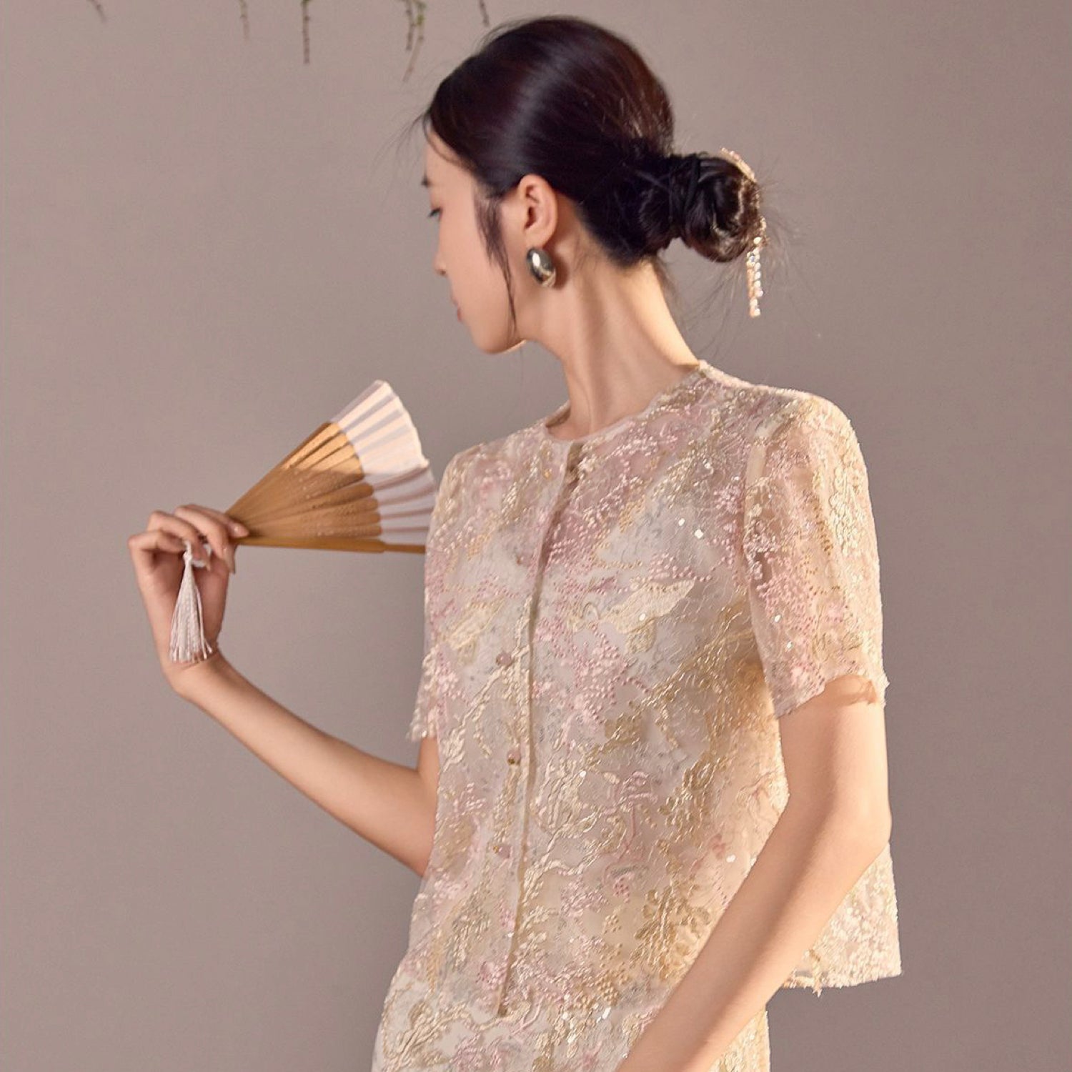 Poetic Embroidery Dense Floral Button Up Blouse in Pink and White