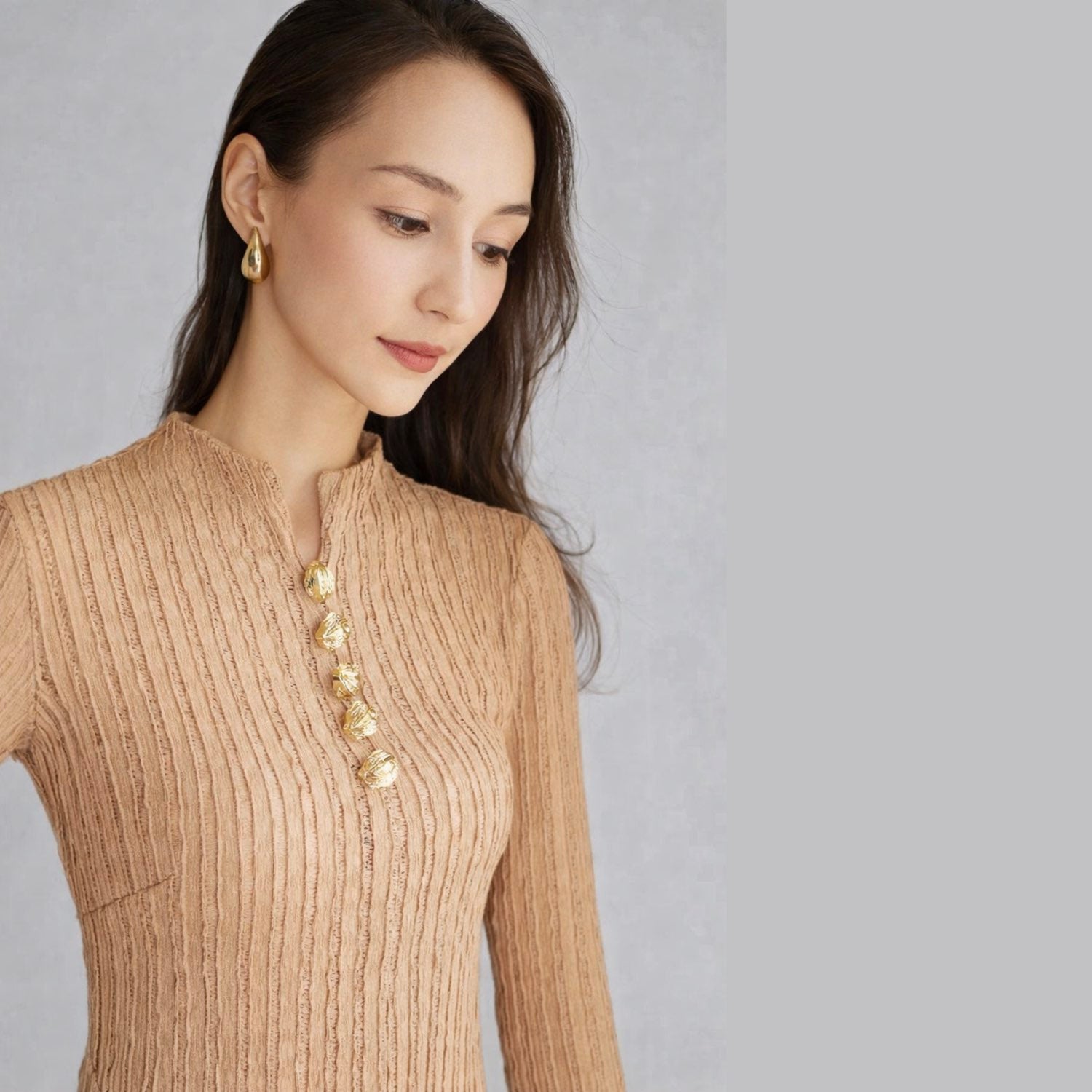 Golden Elegance Evening Gown Gold Button Detail Maxi Dress Dramatic Long Skirt Metallic Accents