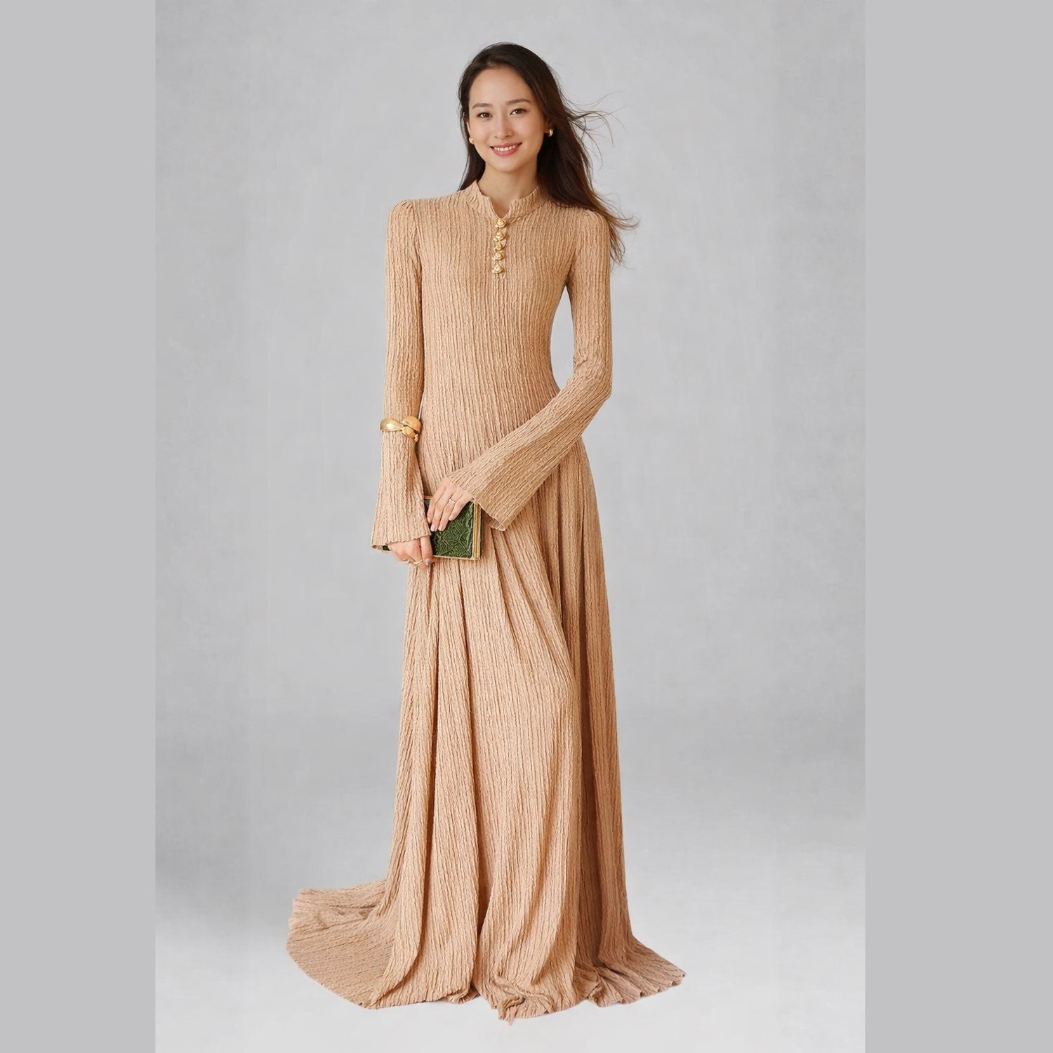 Golden Elegance Evening Gown Gold Button Detail Maxi Dress Dramatic Long Skirt Metallic Accents