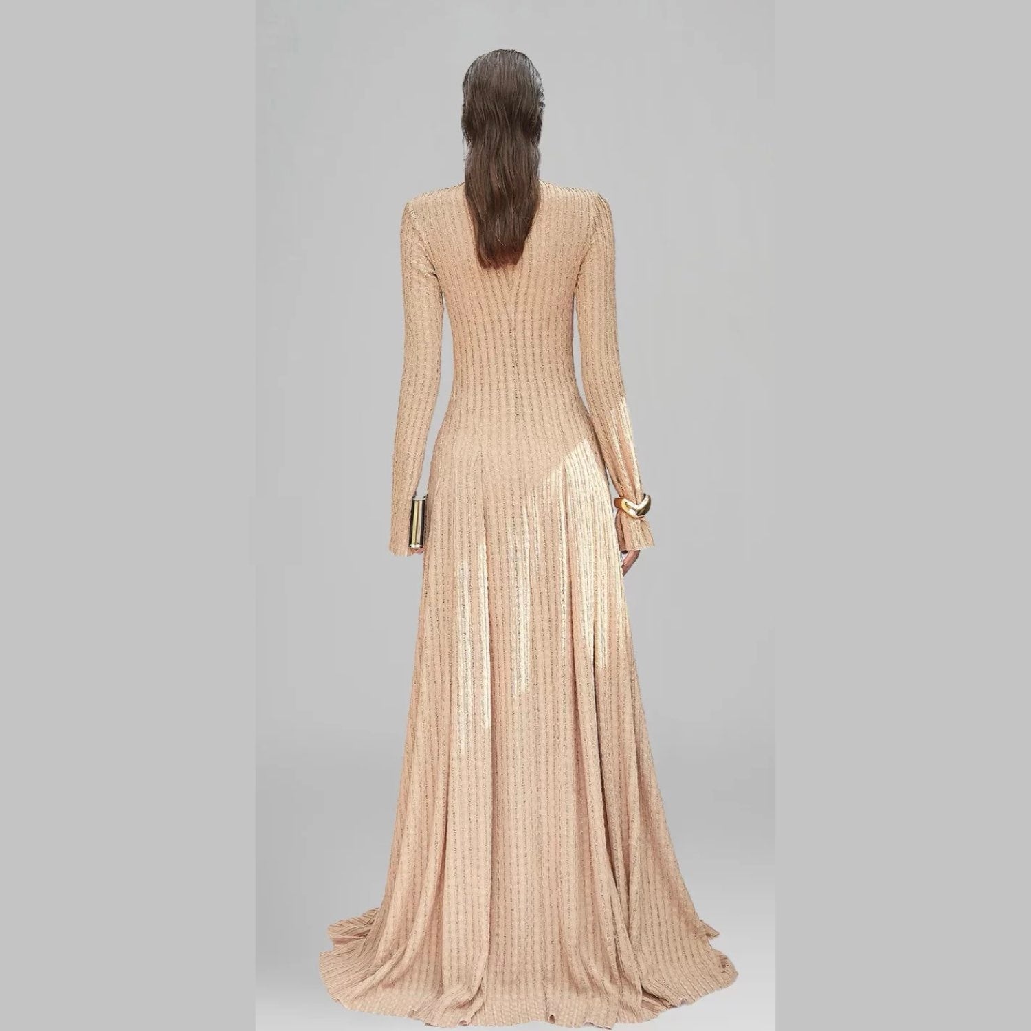 Golden Elegance Evening Gown Gold Button Detail Maxi Dress Dramatic Long Skirt Metallic Accents