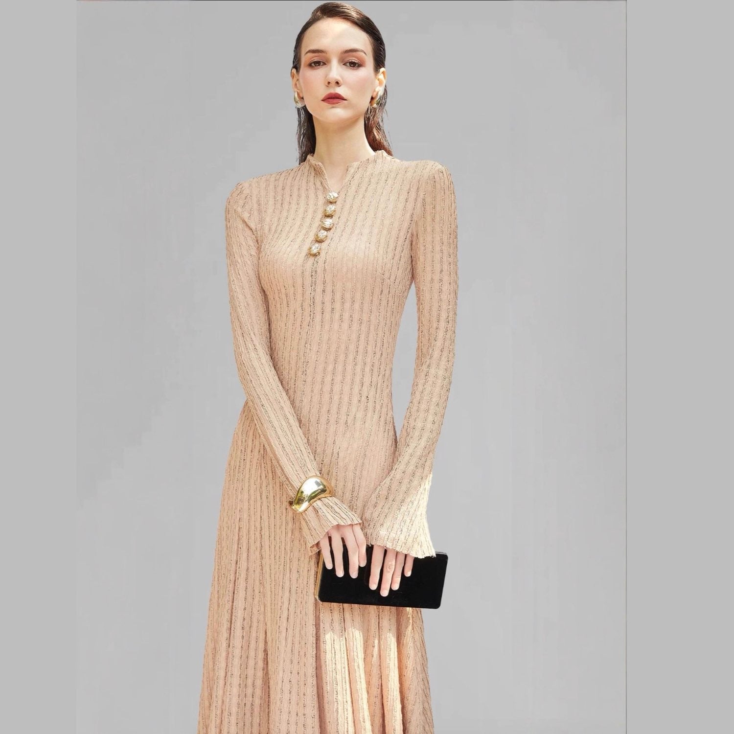 Golden Elegance Evening Gown Gold Button Detail Maxi Dress Dramatic Long Skirt Metallic Accents