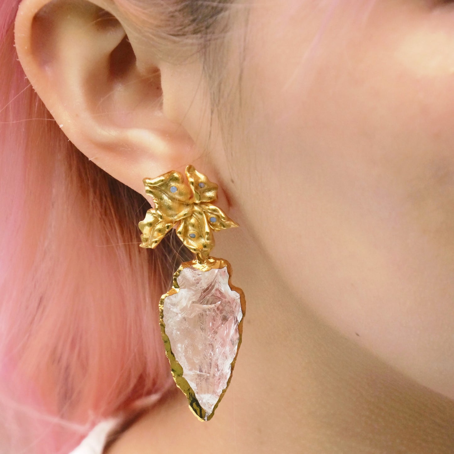 Natural White Crystal Flame Tree Gold-plated Silver Necklace