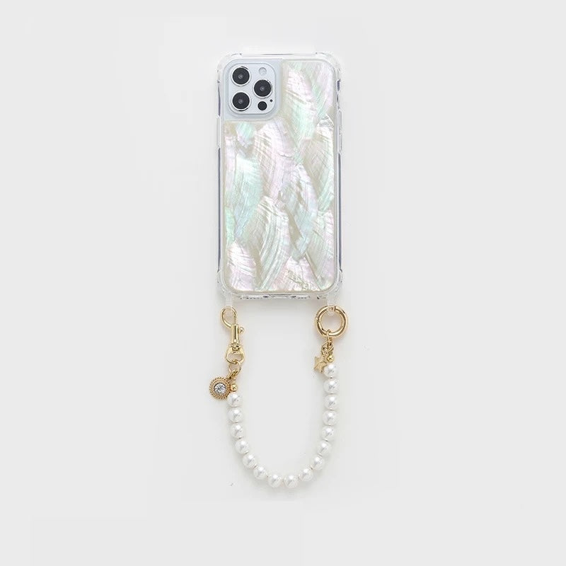 Iridescent Mother-of-Pearl Luxe Phone Case Natural White Pearl Chain