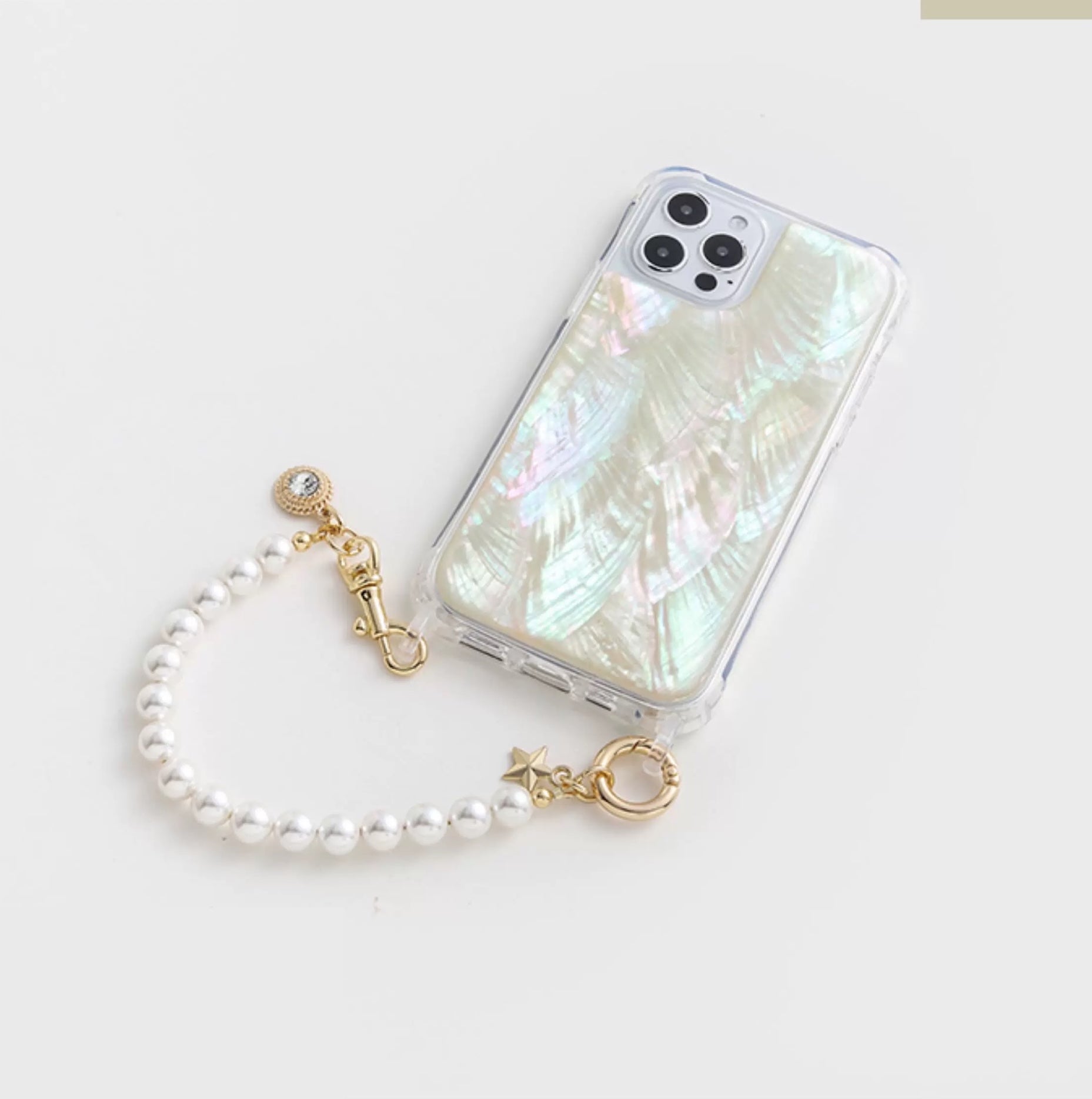 Iridescent Mother-of-Pearl Luxe Phone Case Natural White Pearl Chain