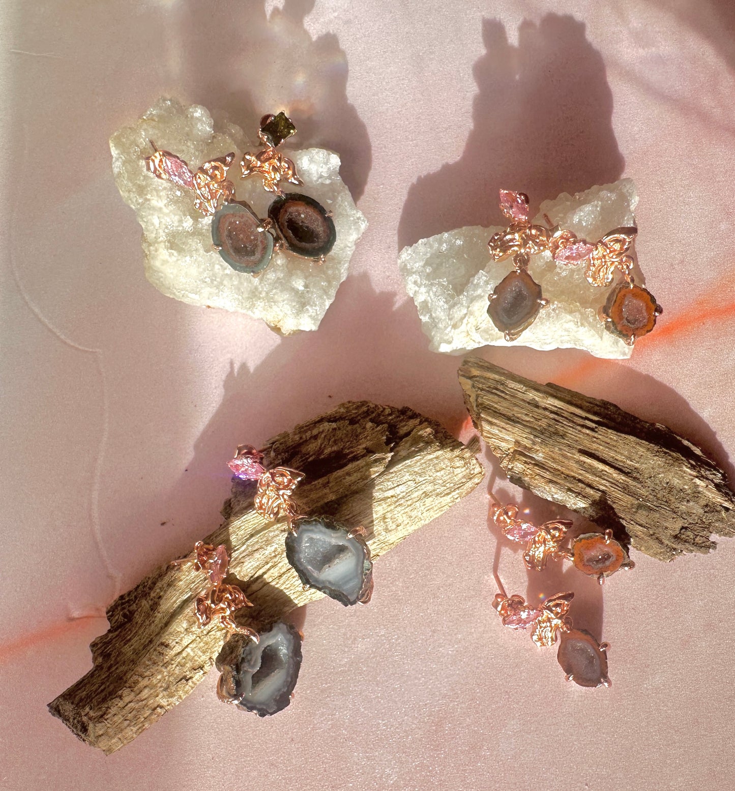Natural Agate Crystal Rose Gold Earring/ Pair