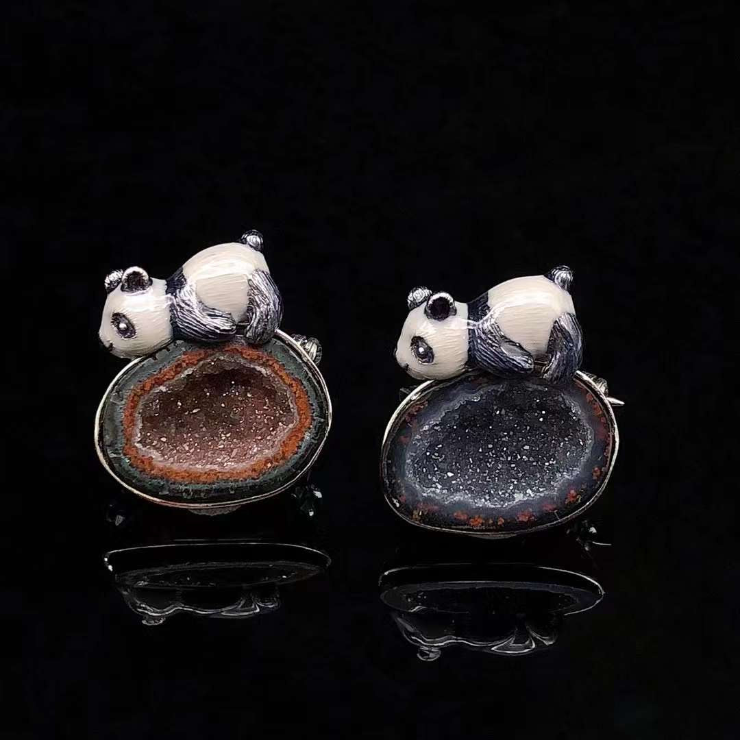 Panda Enamel Natural Agate Pendant  / Brooch