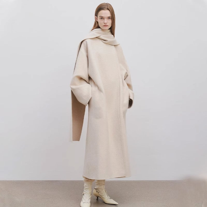 White Cashmere Coat Long Scarf Collar
