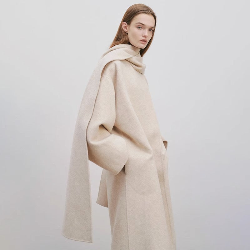 White Cashmere Coat Long Scarf Collar