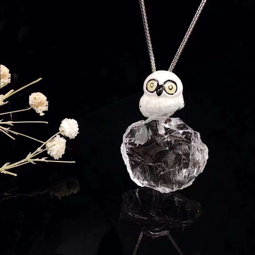 Owl Enamel Natural White Crystal Necklace