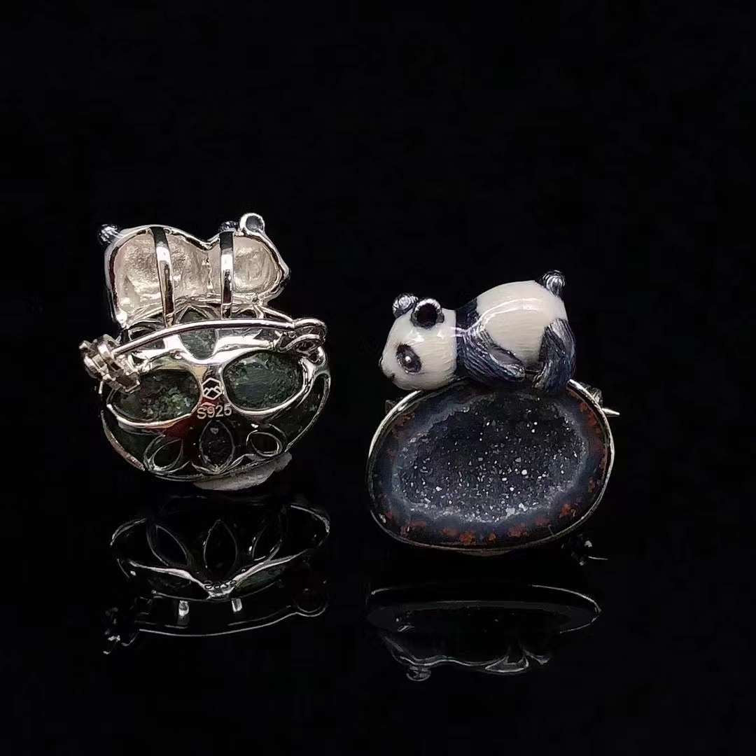 Panda Enamel Natural Agate Pendant  / Brooch
