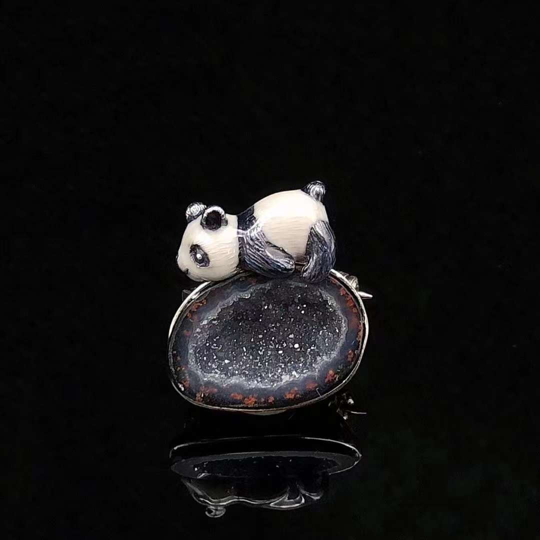 Panda Enamel Natural Agate Pendant  / Brooch