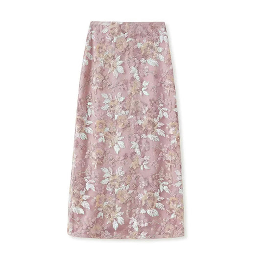 Embroidered Flower Stylish Stitching Evening Skirt