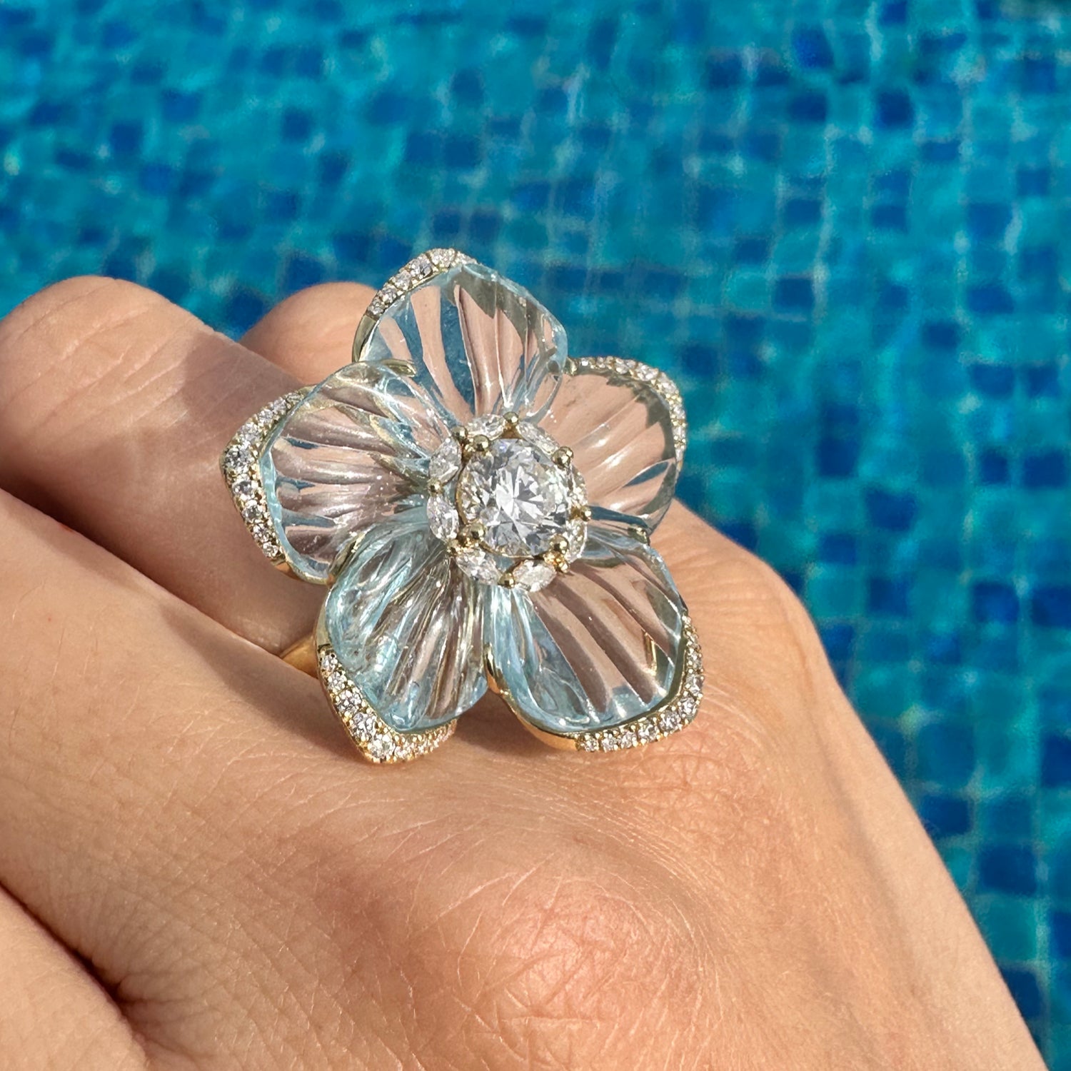 Diamond Natural Topaz Flower Diamond Ring Brooch 18K Gold Dual Use