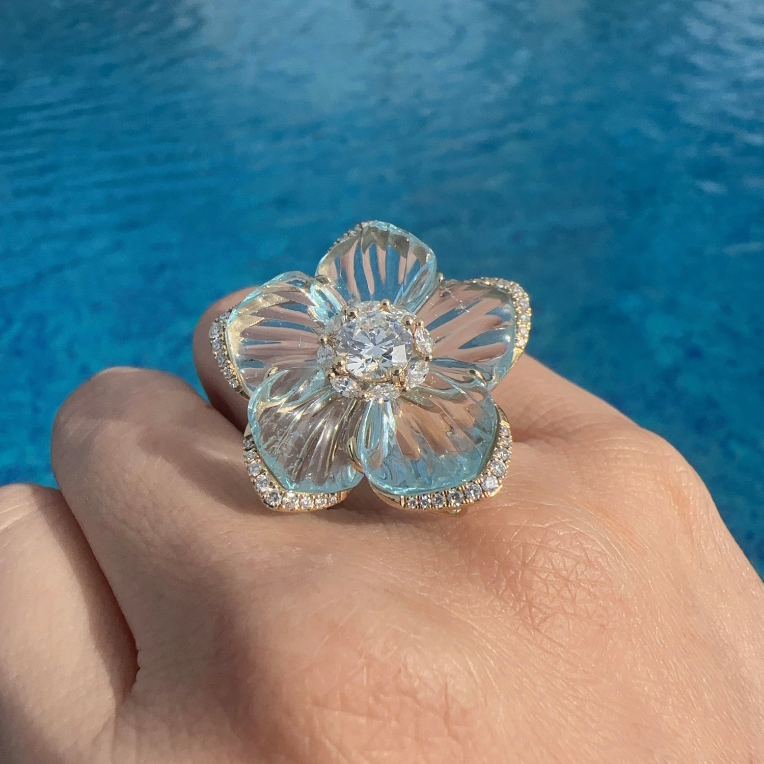 Diamond Natural Topaz Flower Diamond Ring Brooch 18K Gold Dual Use