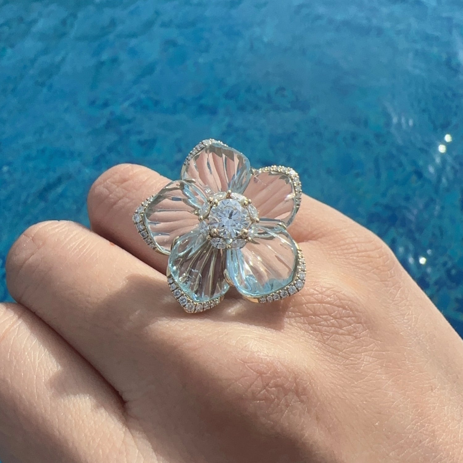 Diamond Natural Topaz Flower Diamond Ring Brooch 18K Gold Dual Use