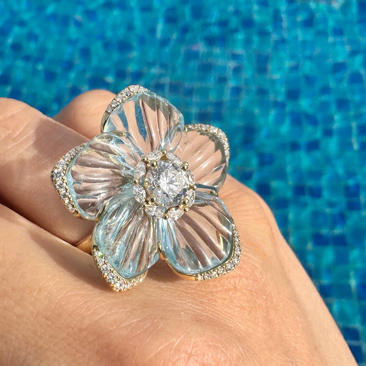 Diamond Natural Topaz Flower Diamond Ring Brooch 18K Gold Dual Use