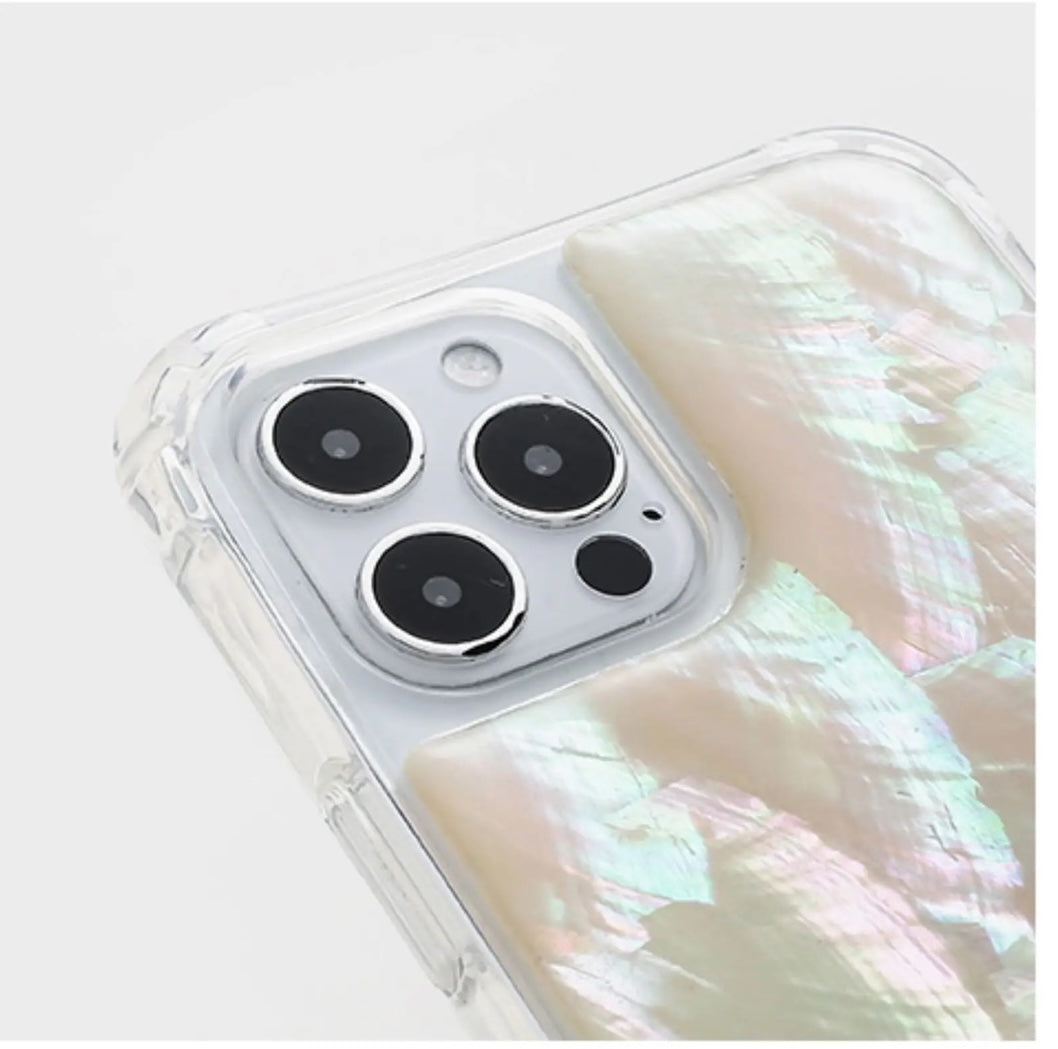 Iridescent Mother-of-Pearl Luxe Phone Case with pearl charm on a white background from London based gemstone jewellery designer WJY studio