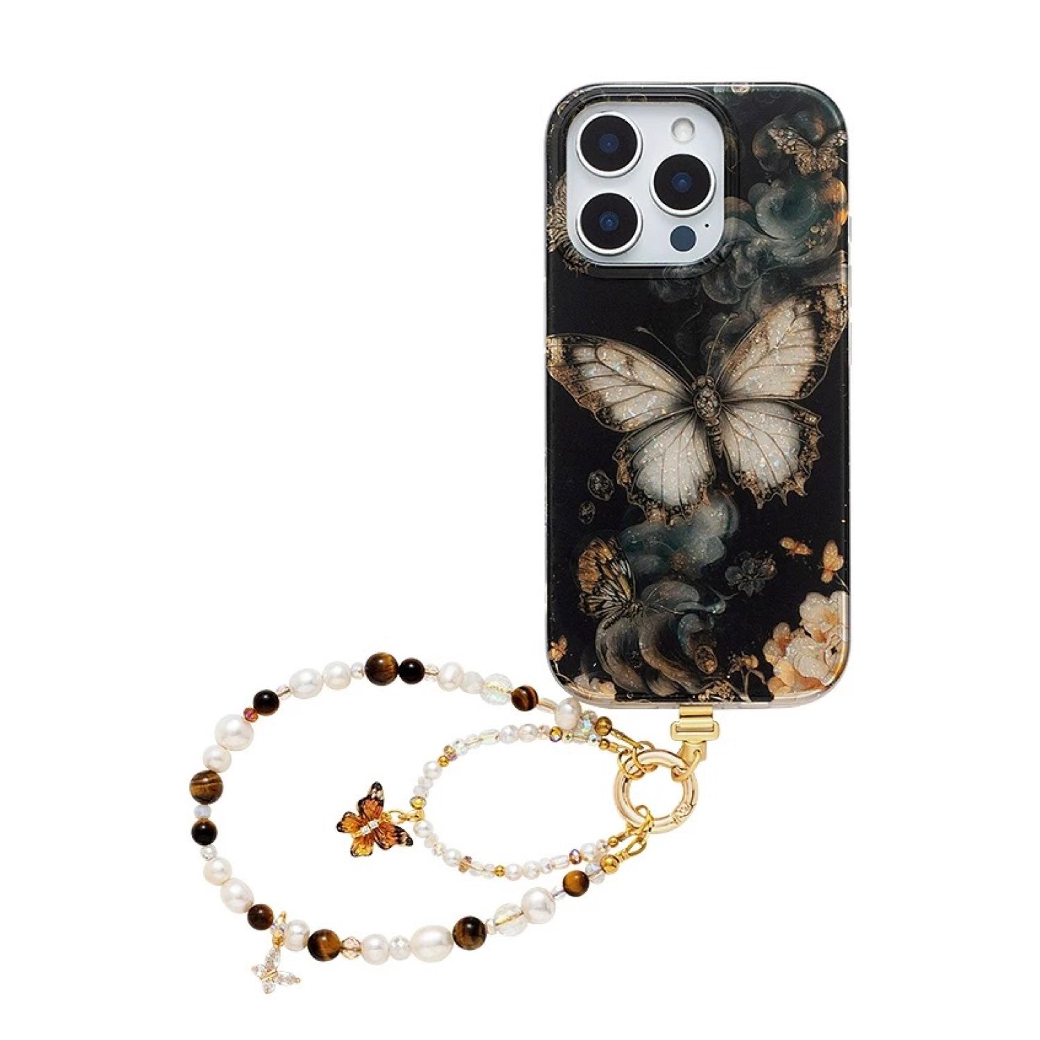 Iridescent Butterfly Phone Case with Pearl Strap