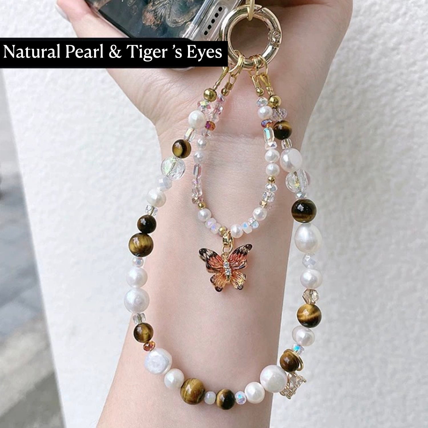 Iridescent Butterfly Phone Case with Pearl Strap