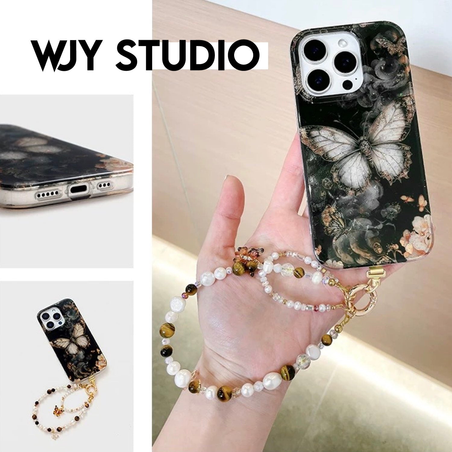 Iridescent Butterfly Phone Case with Pearl Strap