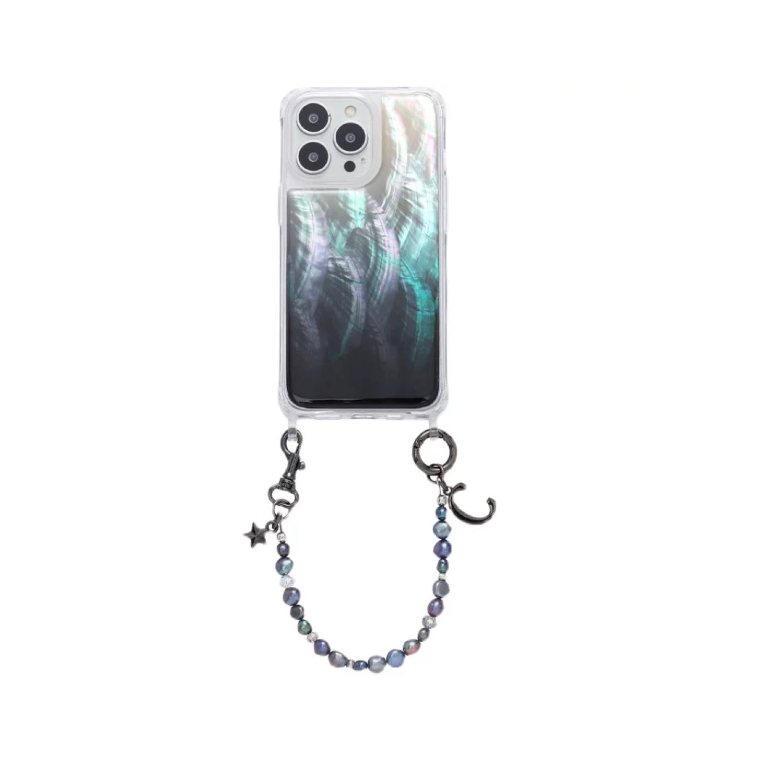 Iridescent Mother-of-Pearl Luxe Phone Case Black Natural Pearl Chain Black Grey