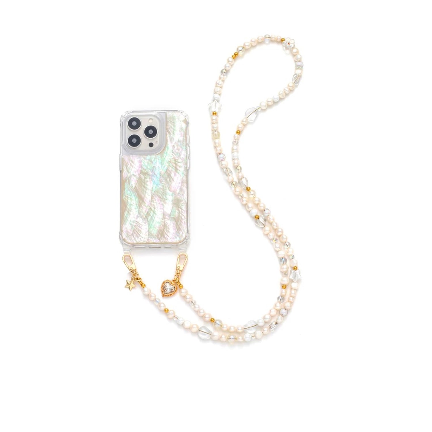 Iridescent Mother-of-Pearl Luxe Phone Case Natural White Pearl Chain