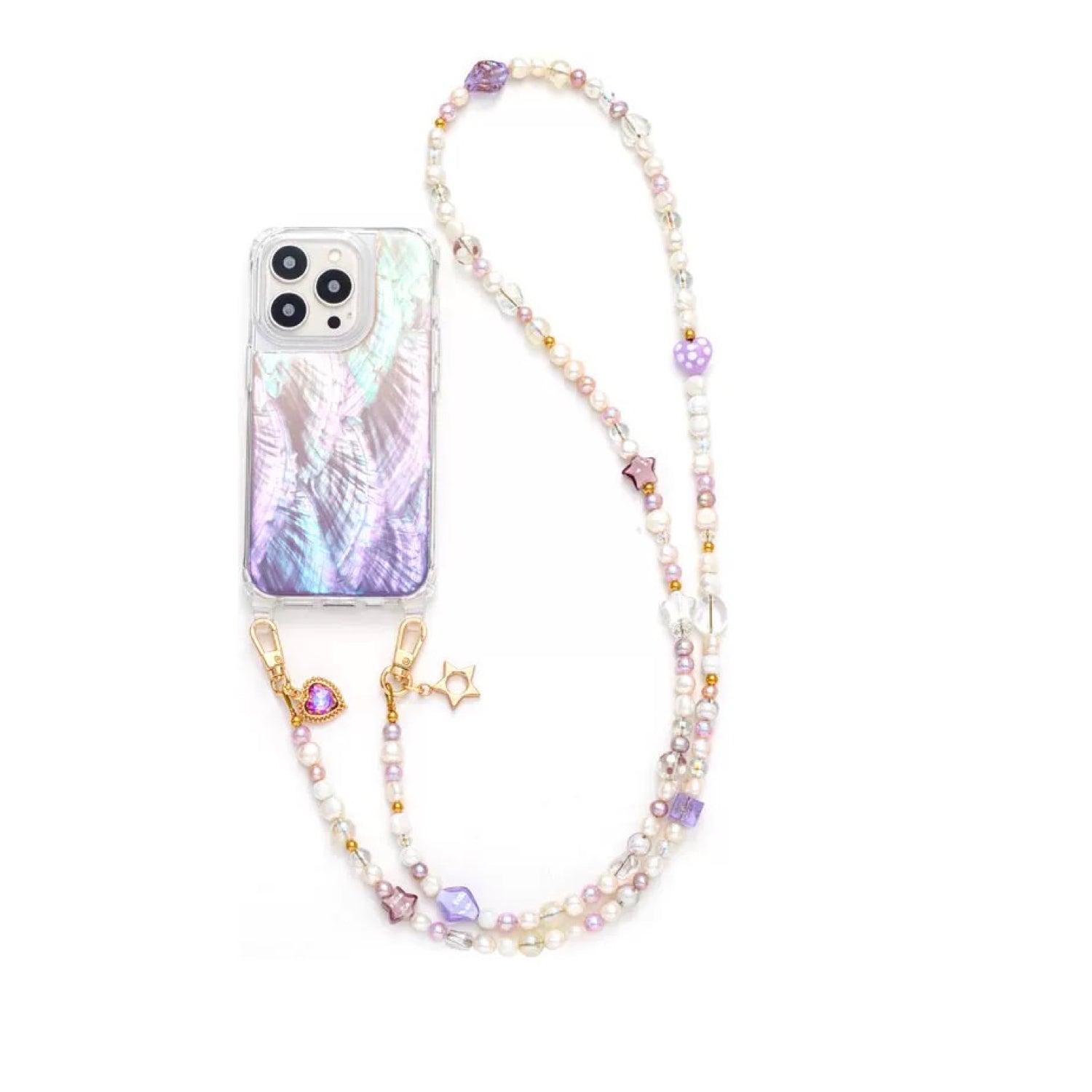 Iridescent Mother-of-Pearl Luxe Phone Case Natural Pearl Chain Purple