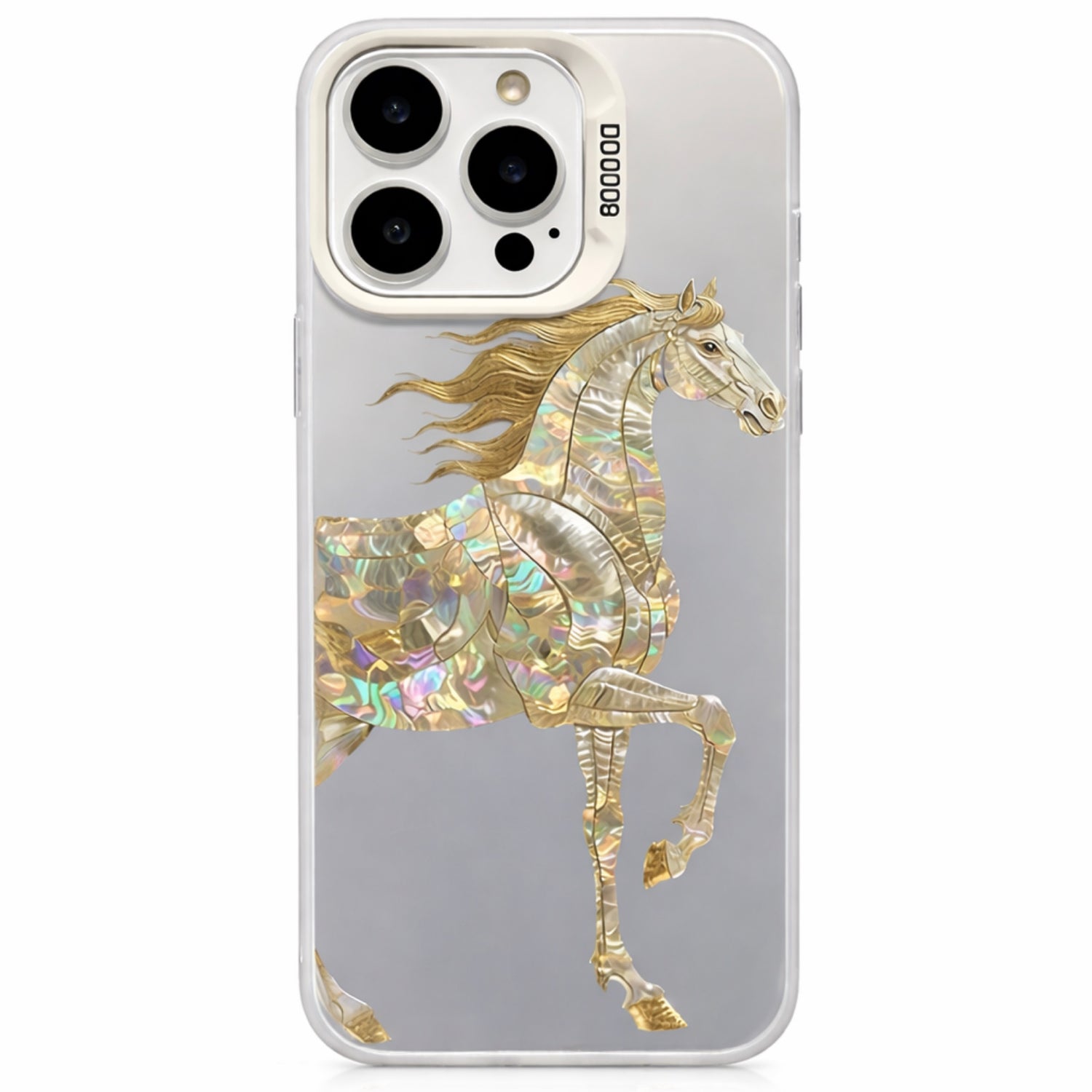 Luxury White Horse iPhone Case – Holographic Metallic Designer Phone Cover