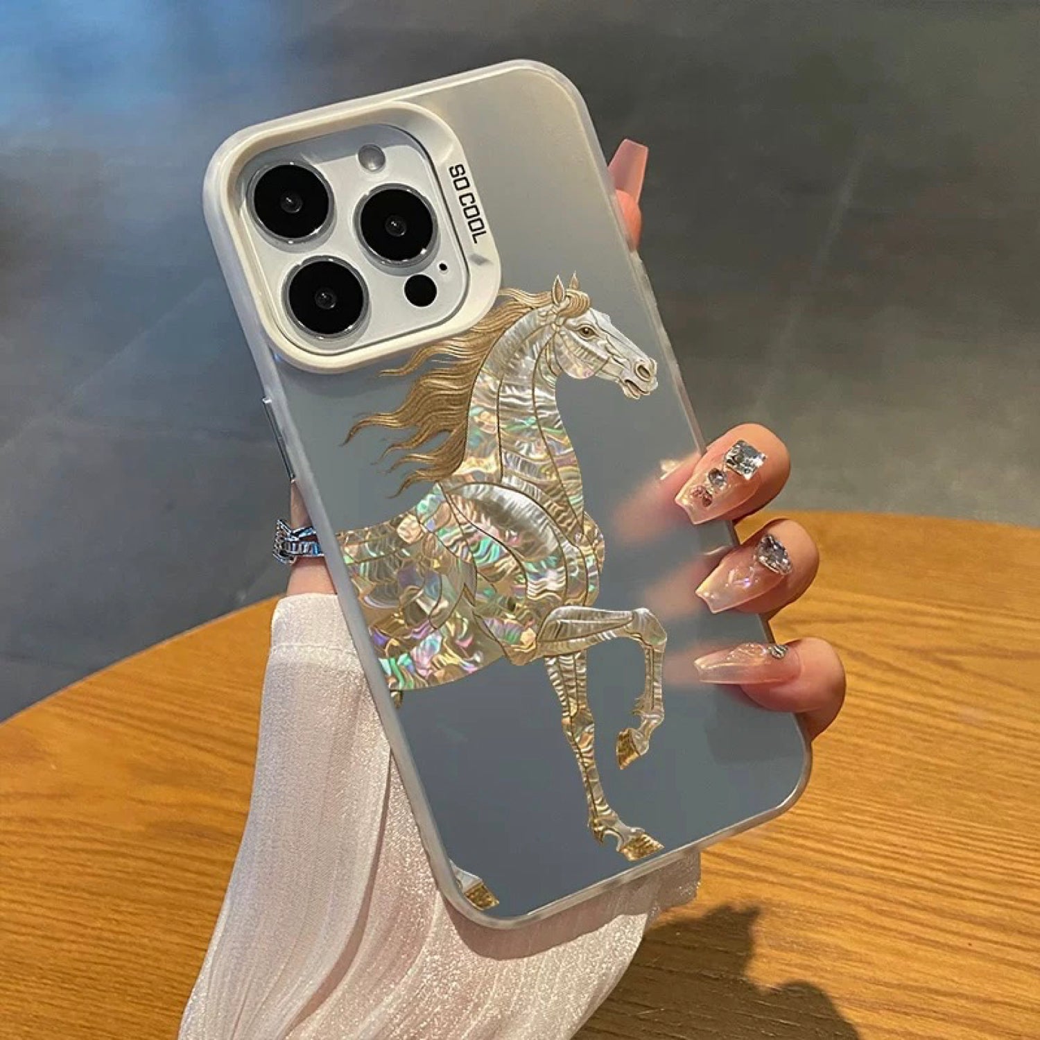 Luxury White Horse iPhone Case – Holographic Metallic Designer Phone Cover
