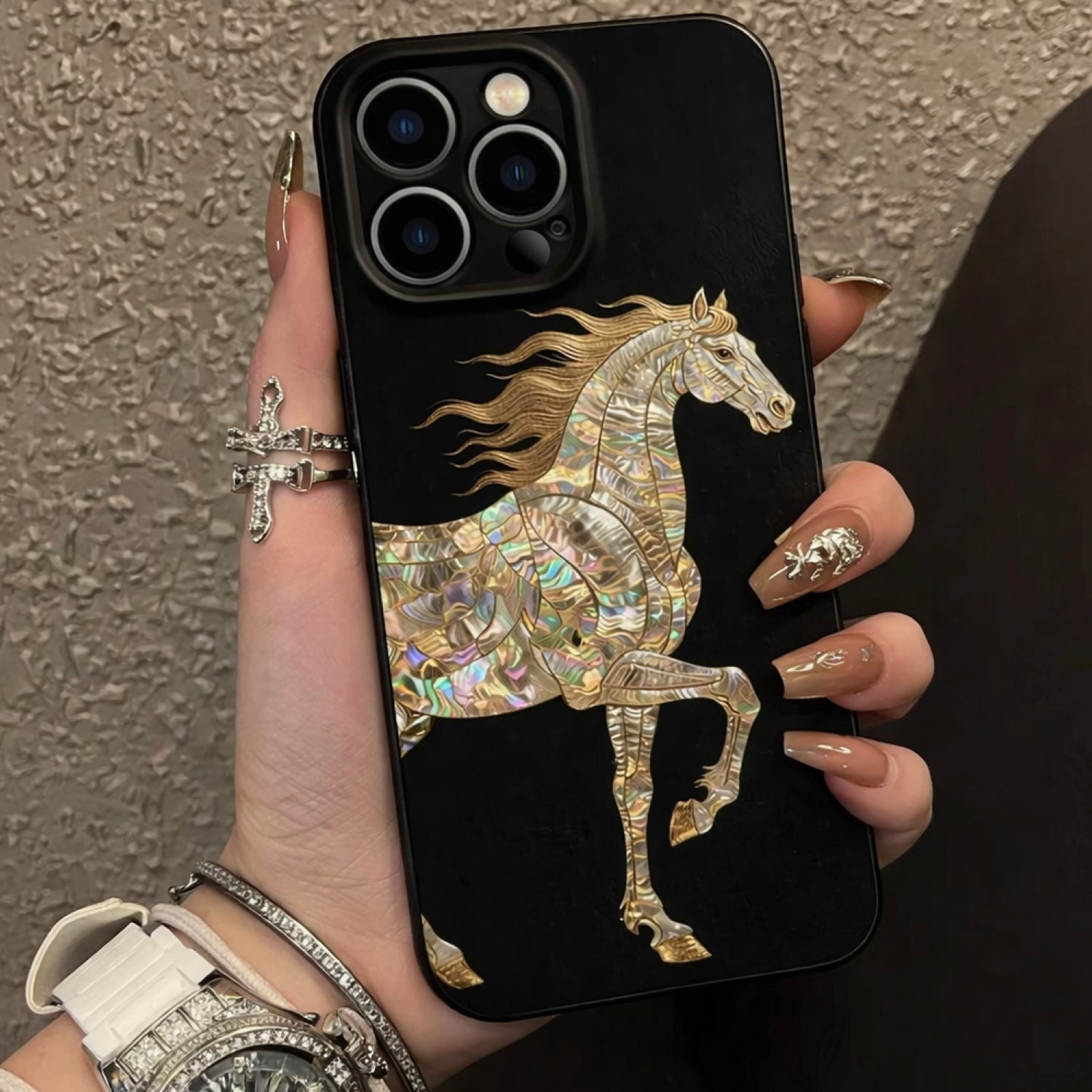 Luxury Horse Black iPhone Case – Holographic Metallic Designer Phone Cover