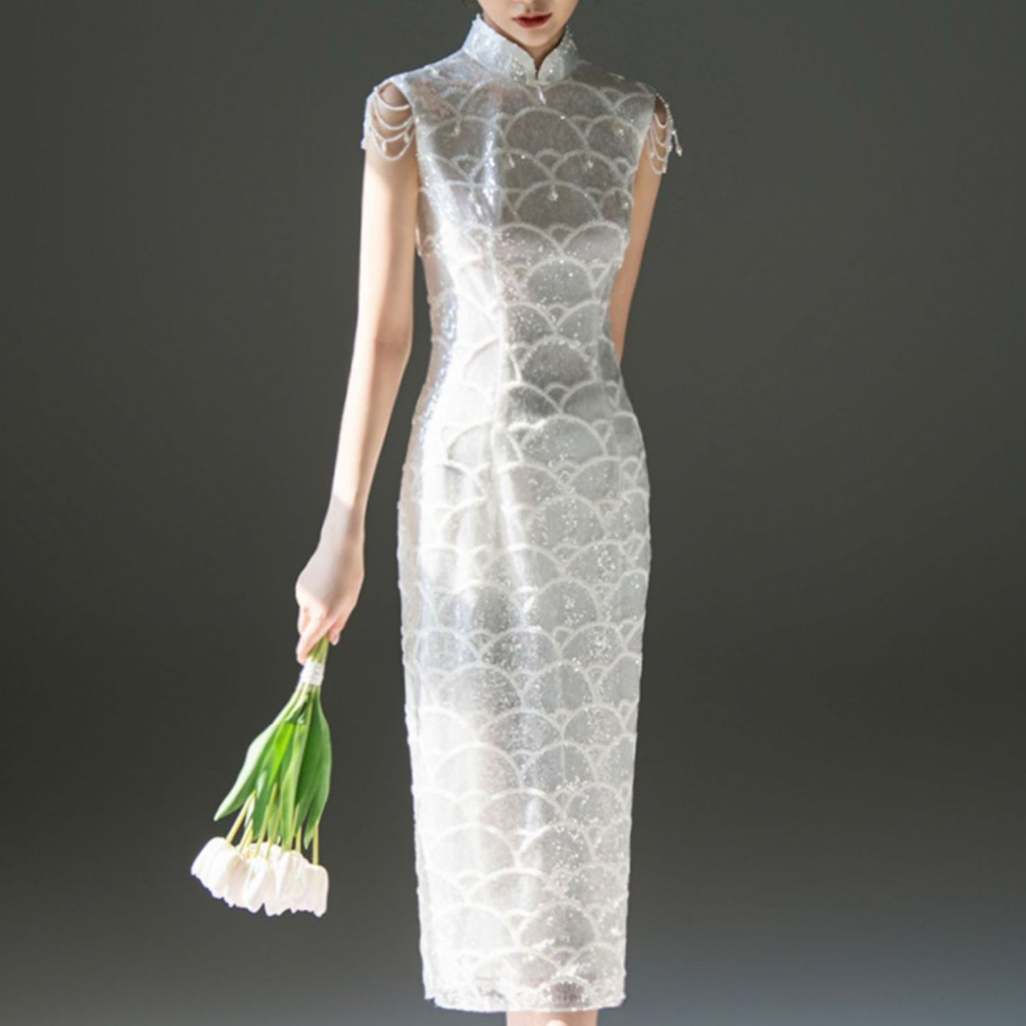 Embellished Elegant Pearl Dress In White