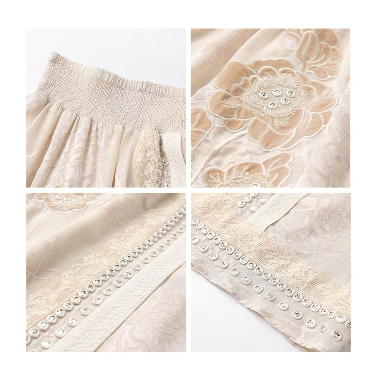 Embroidery Floral Beige Long Skirt