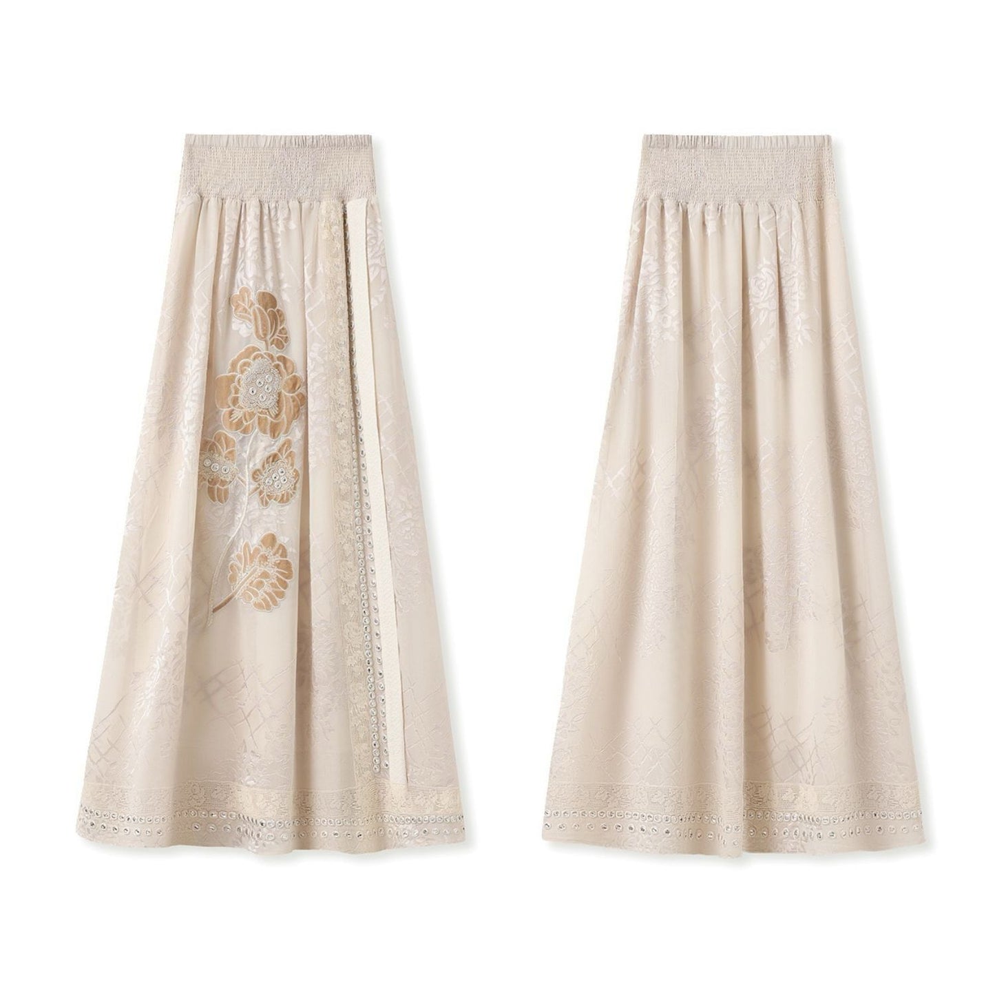 Embroidery Floral Beige Long Skirt