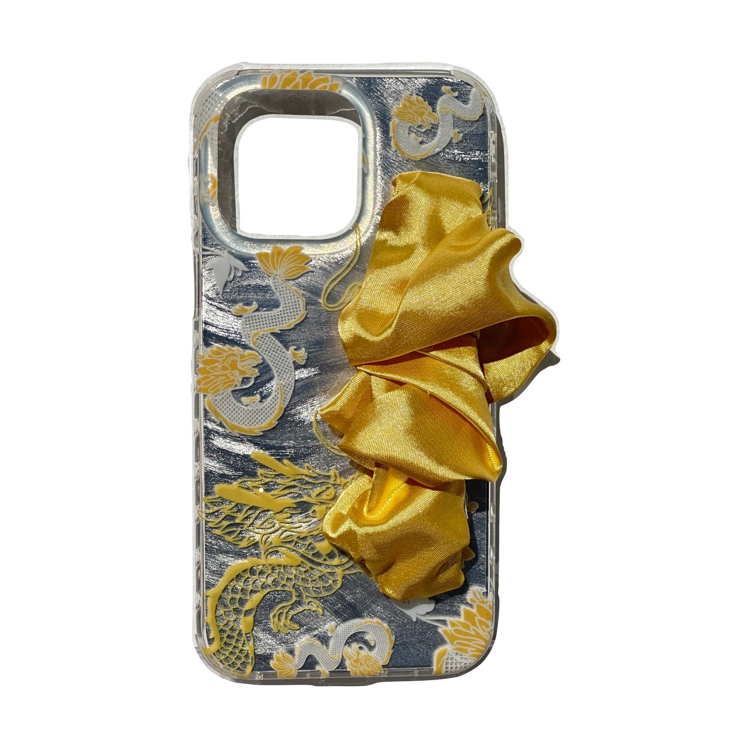 Yellow Dragon Print Phone Case With Silky Hand Holder