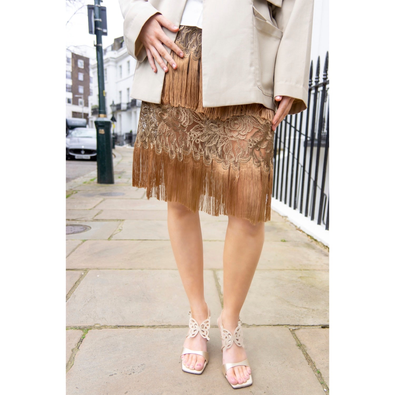 Poetic Embroidery Brown Tassel Outer Layer Floral Patchwork Short Skirt