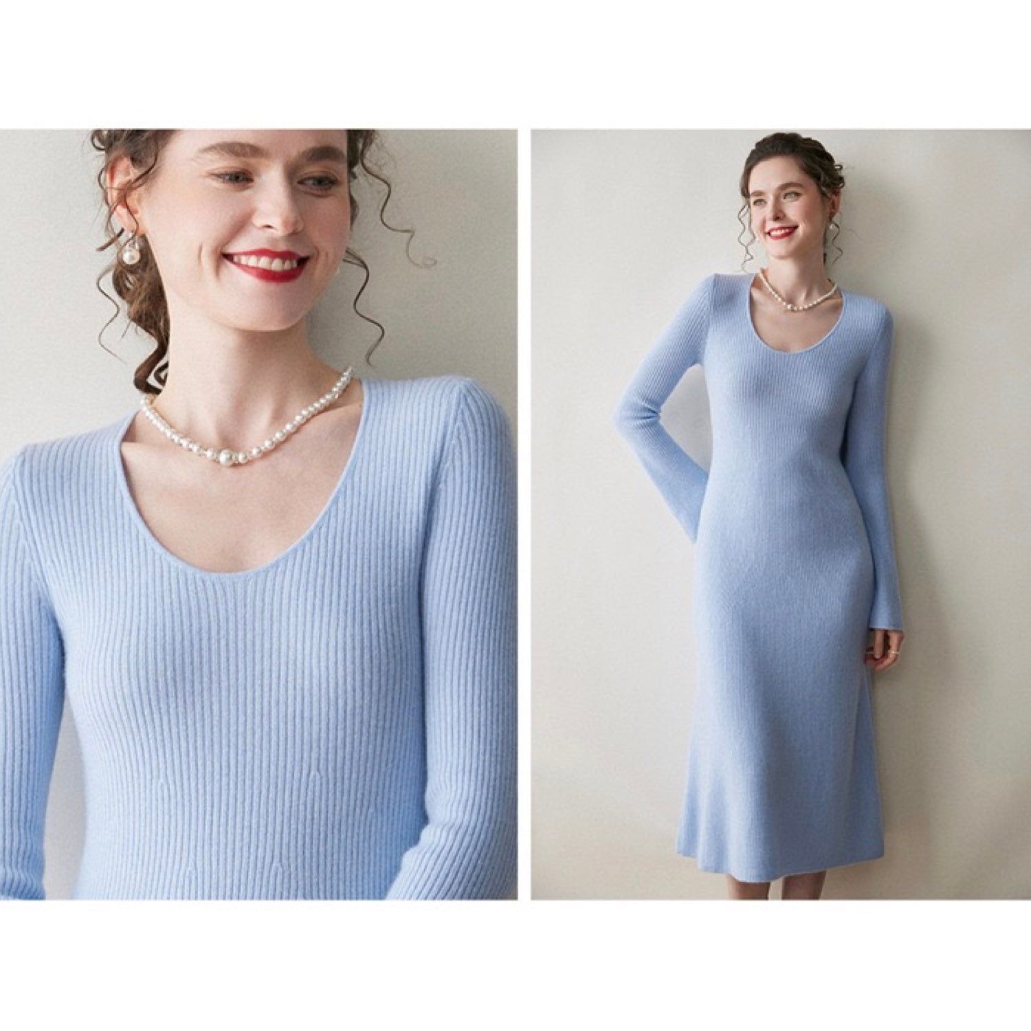 Cashmere Slim-fit Versatile Mid-length Skirt and Stretch Sweater Dress Lavender Blue