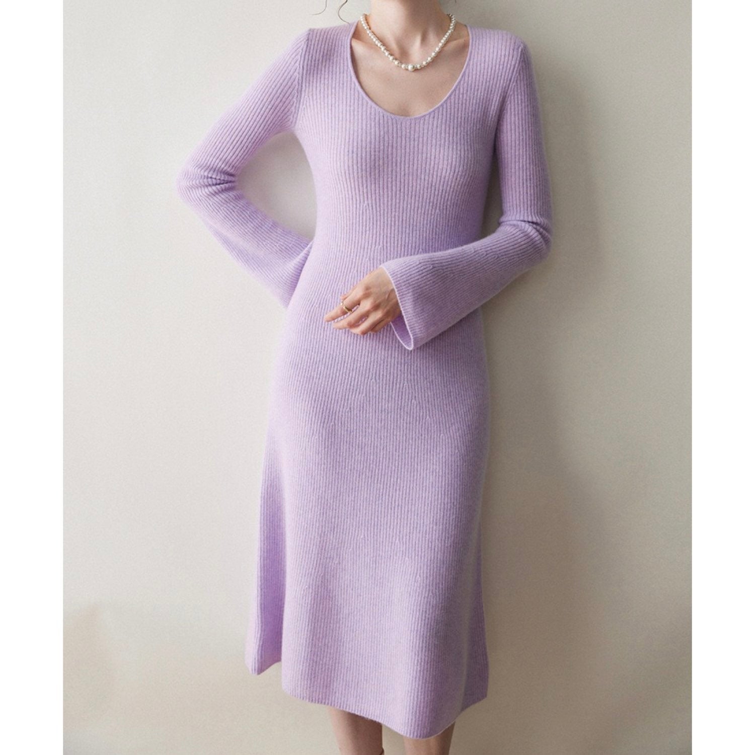 Cashmere Slim-fit Versatile Mid-length Skirt and Stretch Sweater Dress Lavender Purple