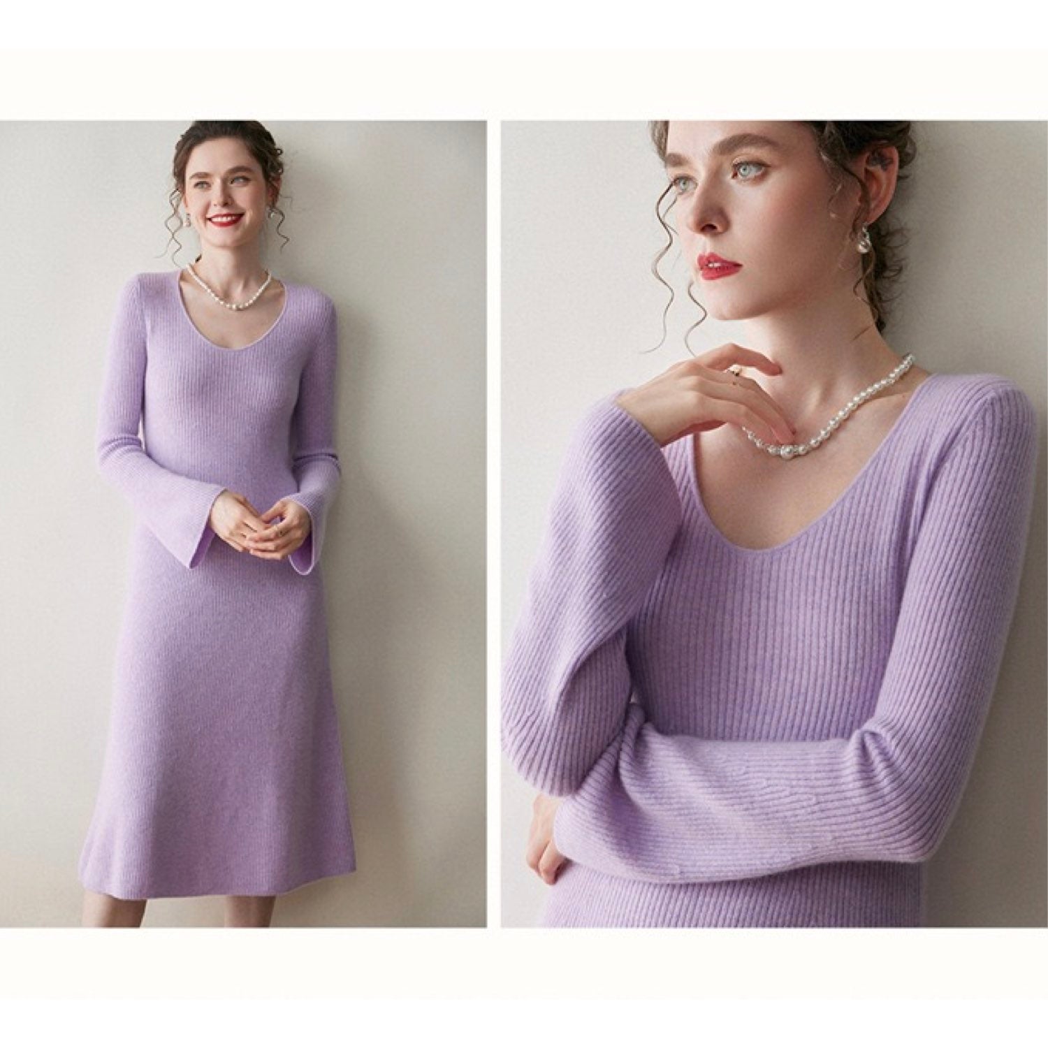 Cashmere Slim-fit Versatile Mid-length Skirt and Stretch Sweater Dress Lavender Purple