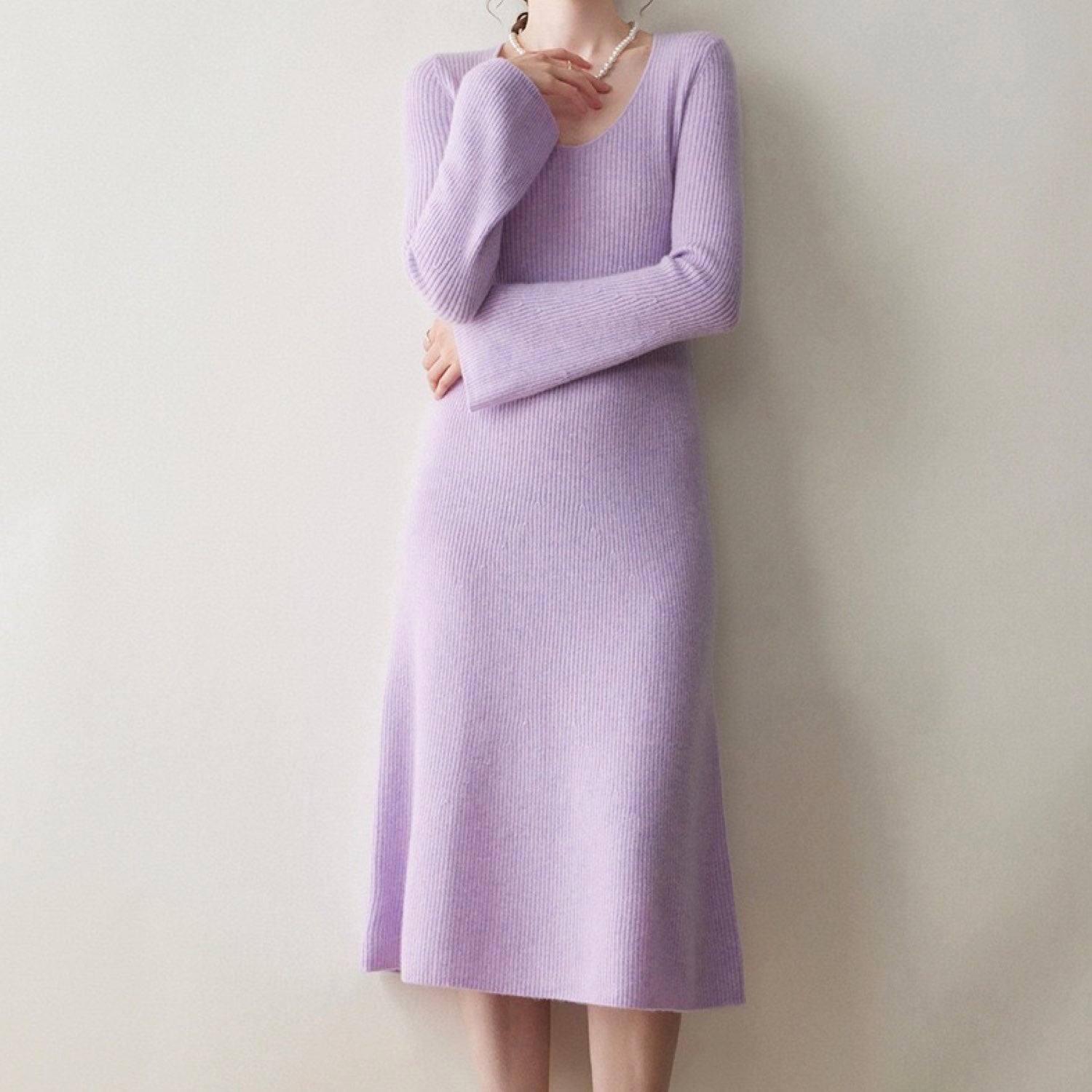 Cashmere Slim-fit Versatile Mid-length Skirt and Stretch Sweater Dress Lavender Purple