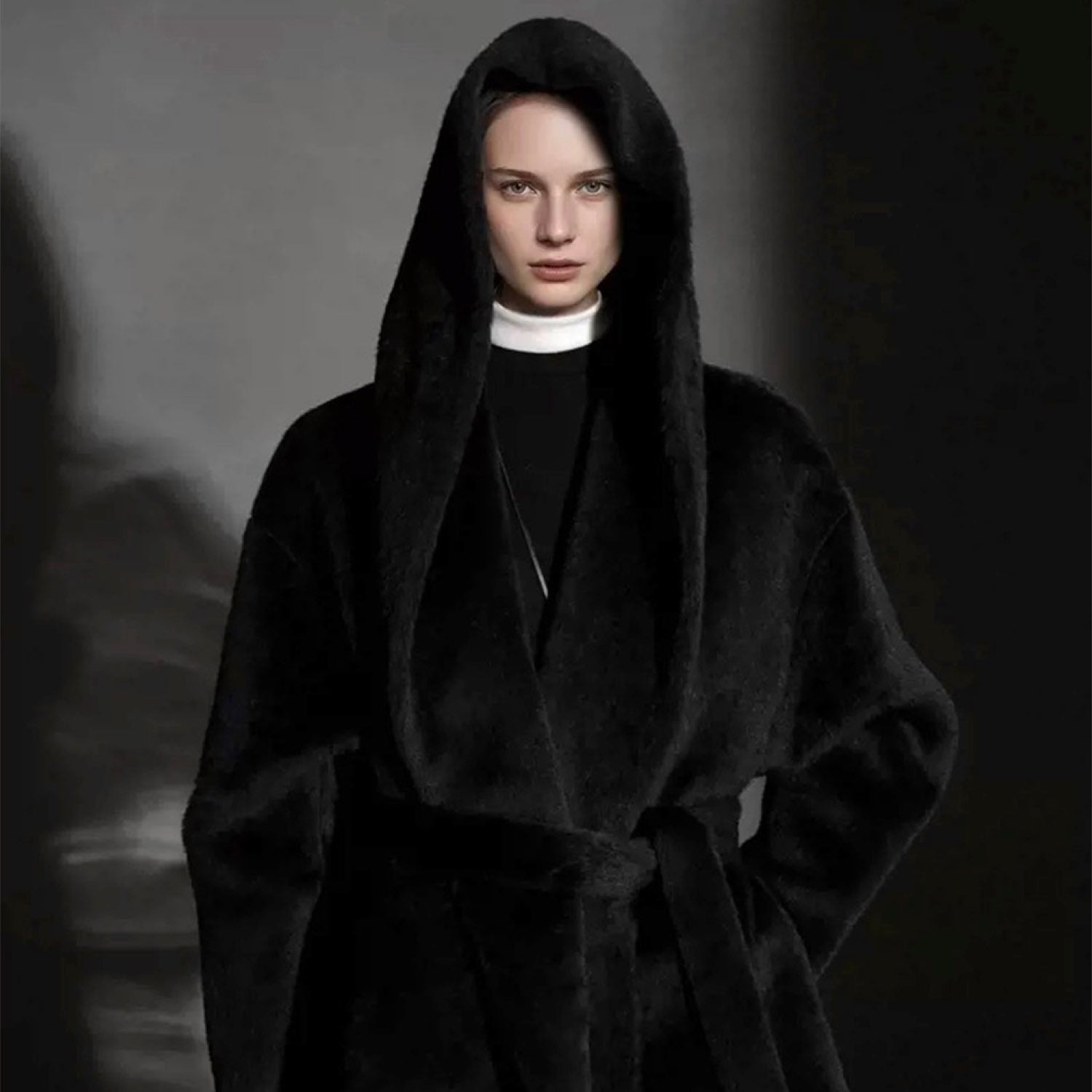 Galaxy Whisper Suri Alpaca Hooded Coat Cape Winter Soft Wool Black