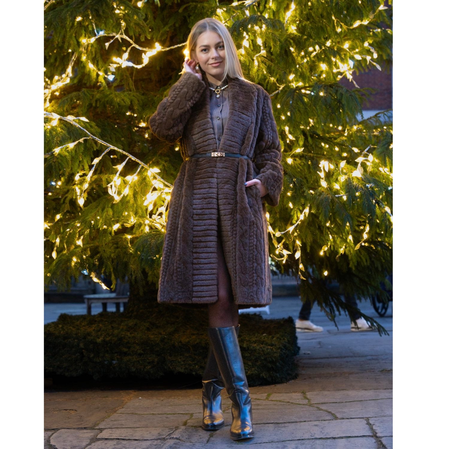 Galaxy Super Soft  Brown Coat Jacket  Eco-friendly Fur with Belt