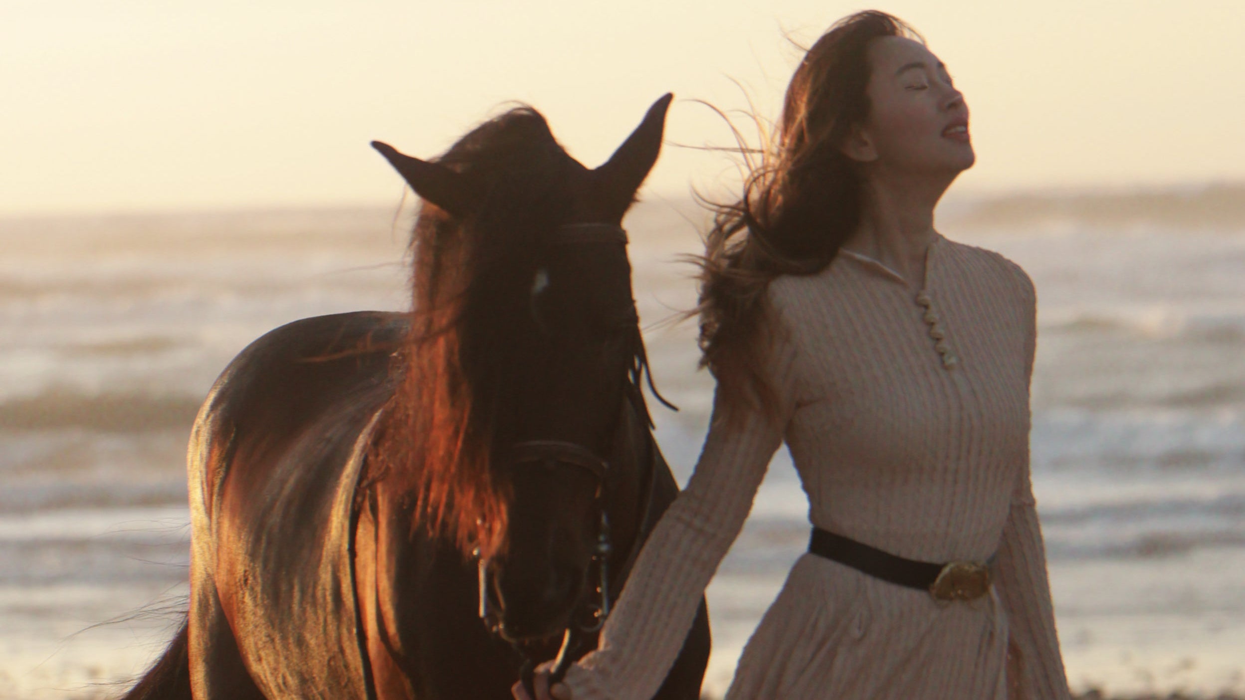 Woman in a dress walking with a horse on a beach at sunset.