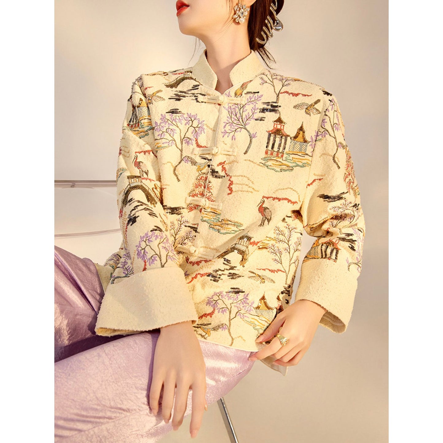 Embroidered Oriental Style Painting Stitching Short Coat All Seasons