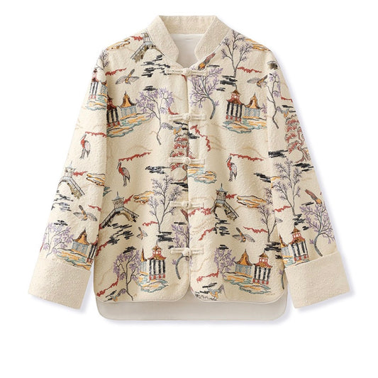 Embroidered Oriental Style Painting Stitching Short Coat All Seasons