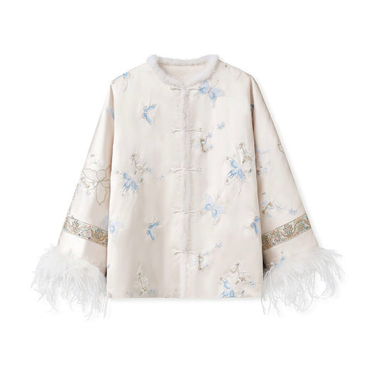 Embroidered Jacket White Stylish Stitching Autumn Winter