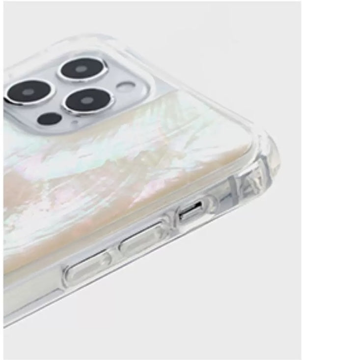 Phone case with mother of pearl pattern with pearl charm on a white background from London based gemstone jewellery designer WJY studio