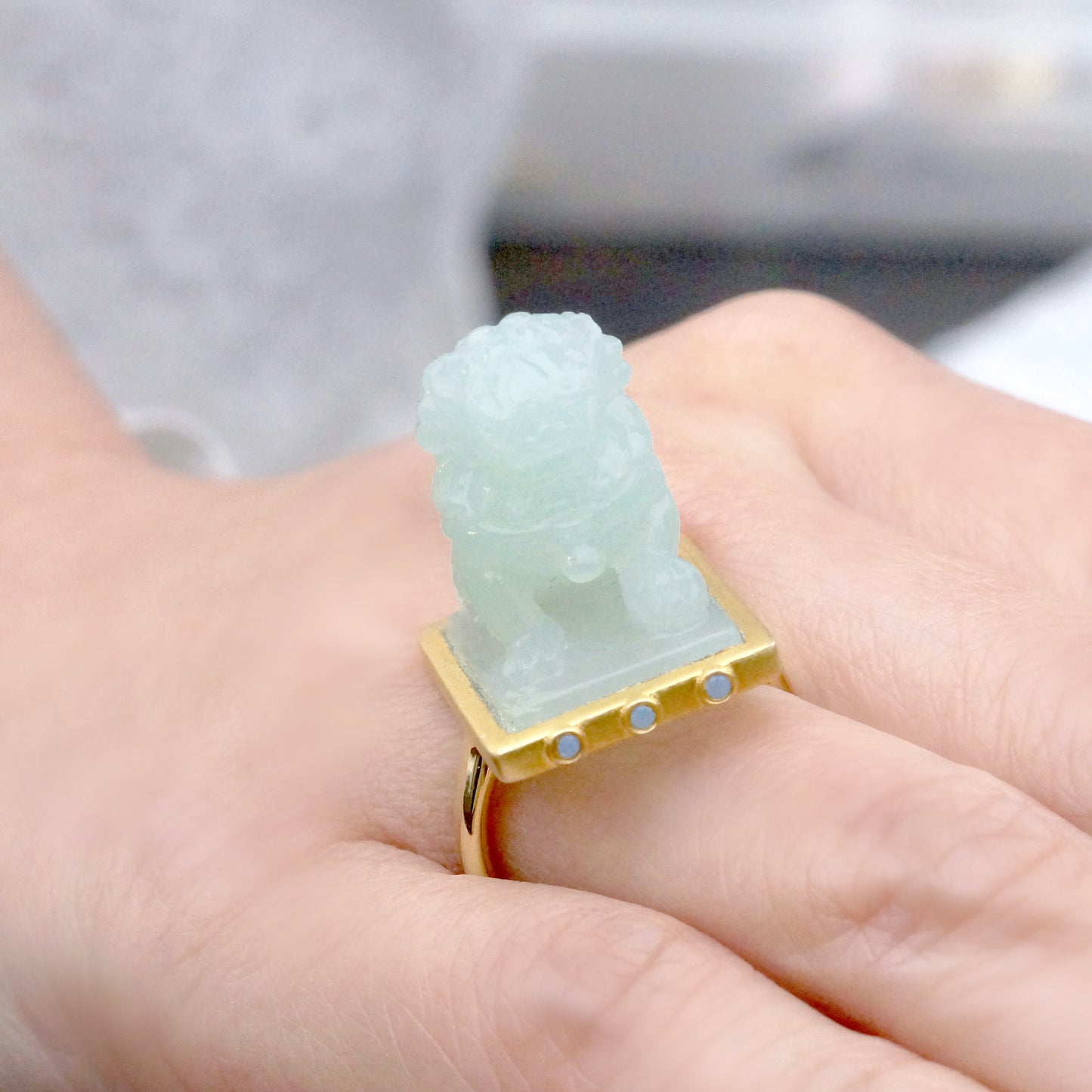 Handmade Engraved Lion Jade 24K Gold-plated Ring