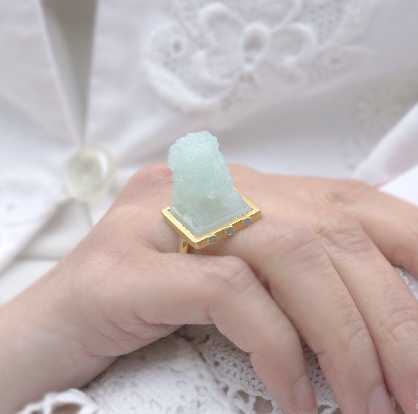 Handmade Engraved Lion Jade 24K Gold-plated Ring