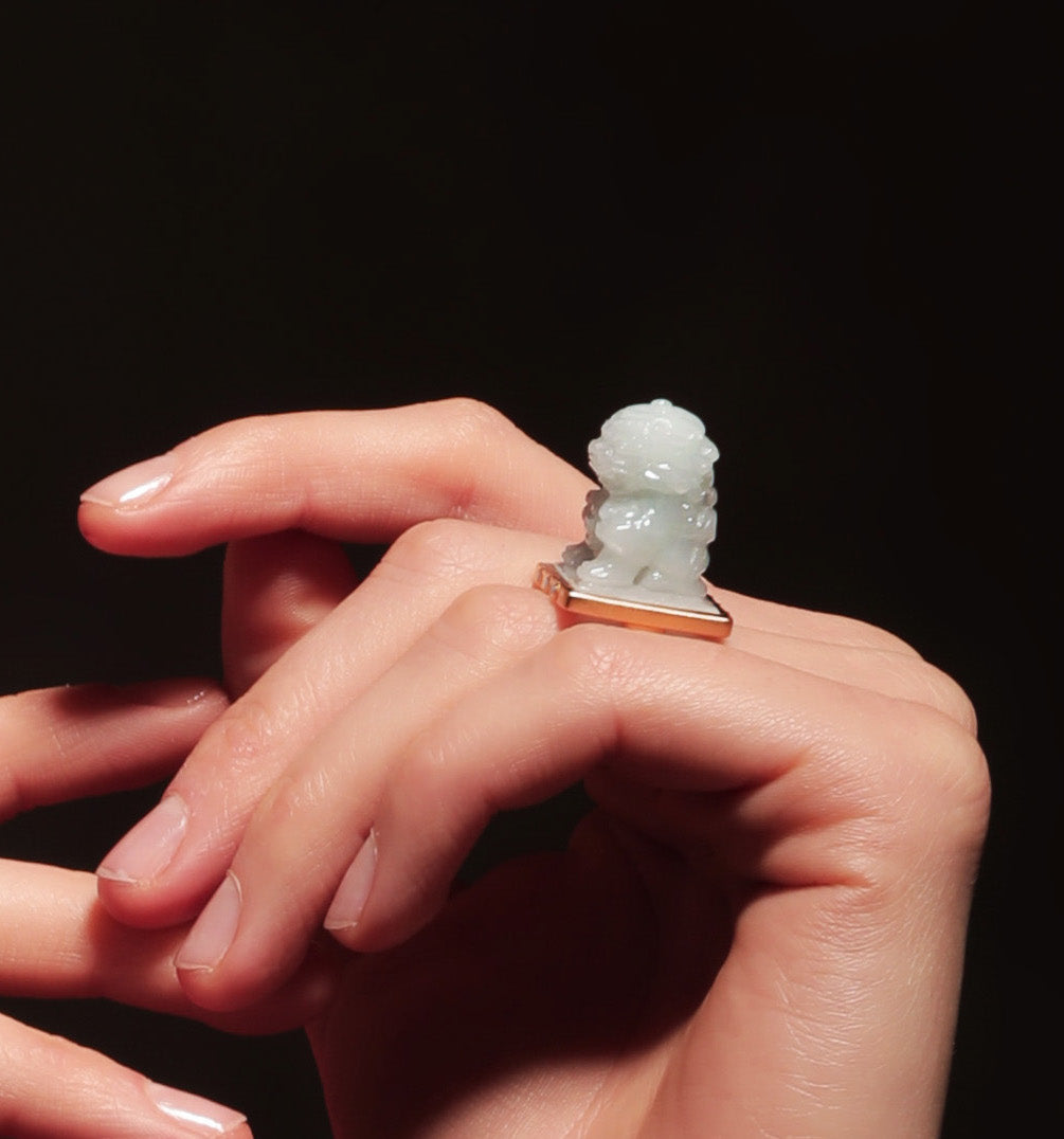 Handmade Engraved Lion Jade 24K Gold-plated Ring