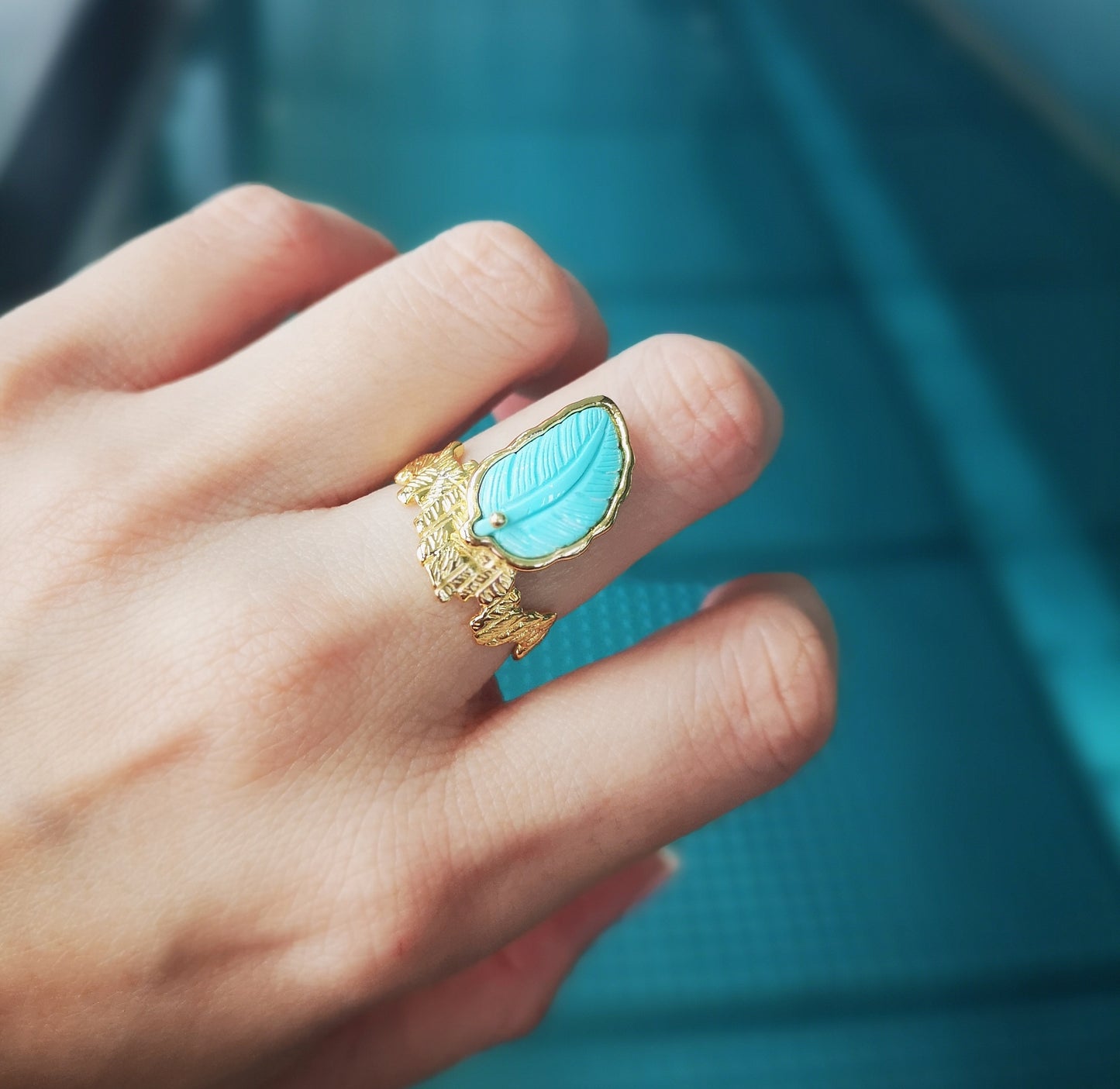 The Tree Memory Natural Turquoise Engraved Leaves Ring